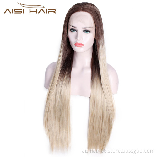 Aisi Hair 26 Inch Long Silky Straight Wig Ombre Blonde Dark Root Lace Frontal Wig Middle Part Front Lace Hair Wigs For Women